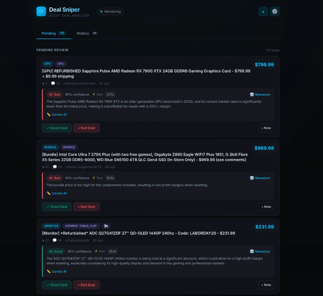 The Deal Analyzer review queue: each deal shows a good-or-bad verdict, a confidence percentage, how long the model took, its written reasoning, and buttons to confirm or correct the call.