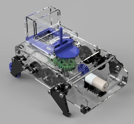 Fusion 360 render of the ME 370 dispensing walker: clear acrylic chassis, the blue Scotch-yoke dispenser drive on top, gear train and motor below, and the four legs.