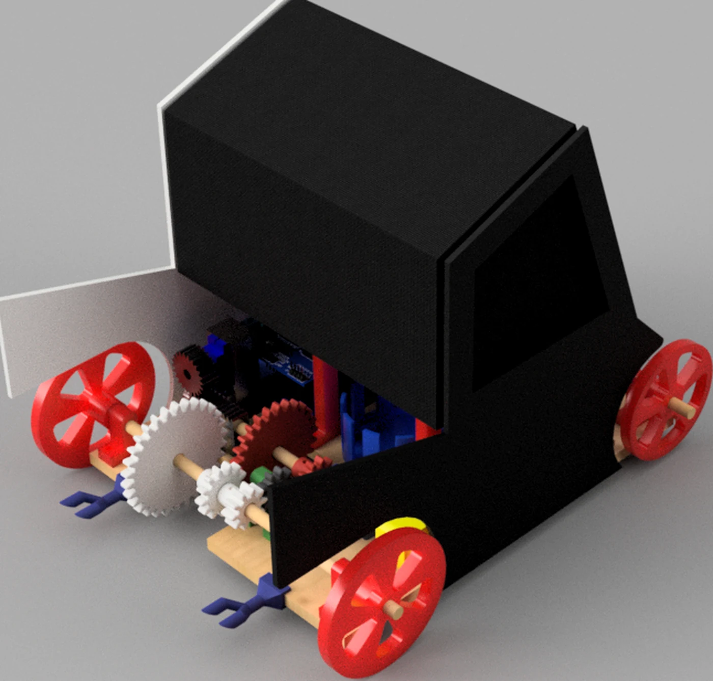 Rear view of the ME 371 car render with the cab open, showing the multi-speed gear train and shifting mechanism driving the rear axle.