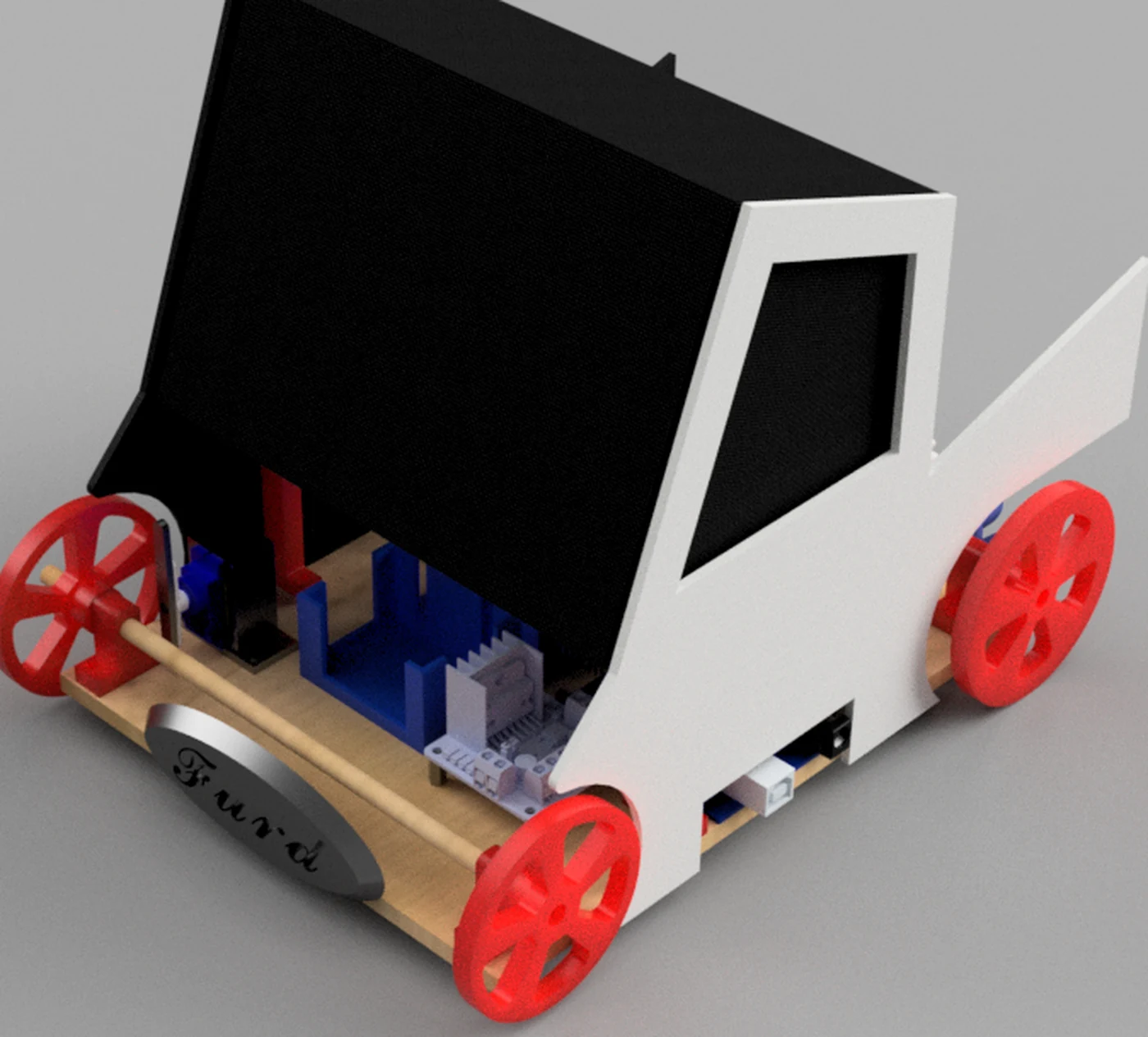 Fusion 360 render of the ME 371 robotic car: a white cab over a wooden chassis with red spoked wheels and the control electronics visible underneath.